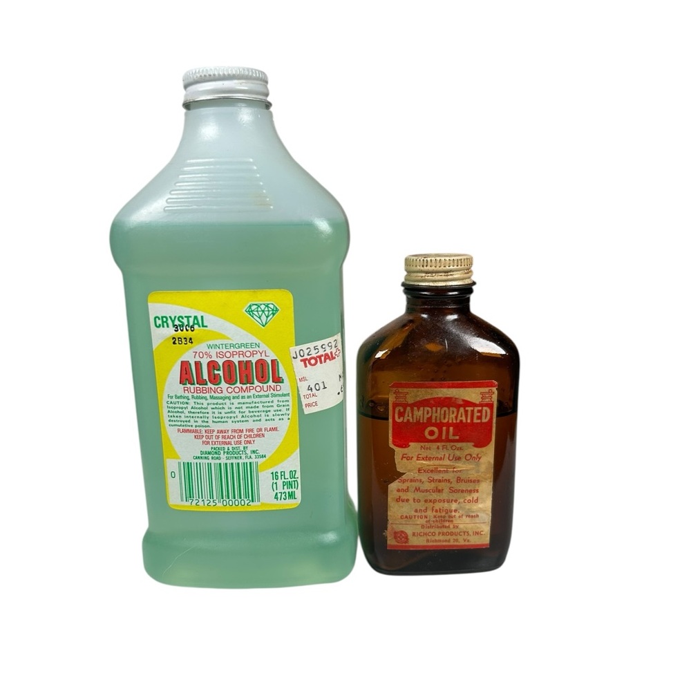 Rubbing Alcohol & Camphorated Oil Bottles for Vintage Display or Collection